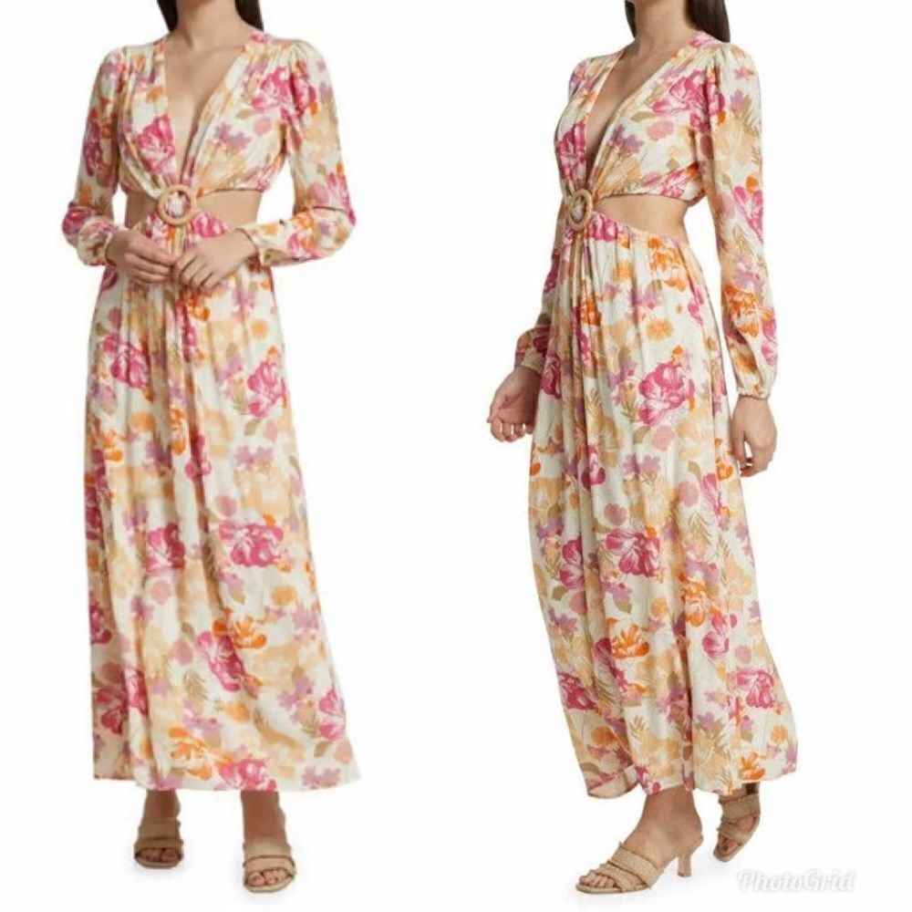 REVOLVE WAYF Linda Cut-Out Dress Long Sleeve Floral V-Neck Maxi Dress Size XS